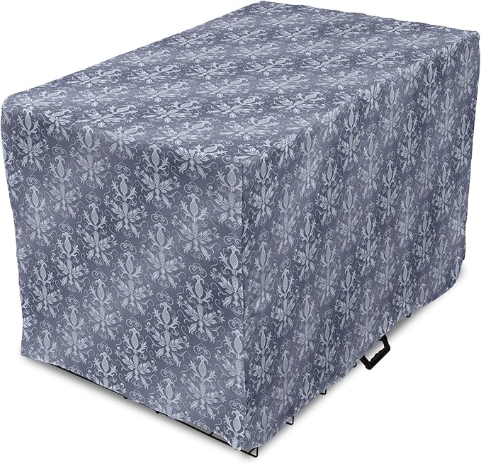 Lunarable Damask Dog Crate Cover, Medieval Repetitive Pattern with Flourish Ornaments, Easy to Use Pet Kennel Cover for Medium Large Dogs, 36 Inch, Purpleblue Ceil Blue