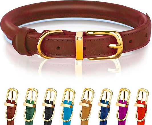 OOPSDOGGY Reflective Rolled Leather Dog Collar for Large Dogs, Adjustable Soft Padded Pet Collar for Large Breed Dogs (L, 14"-18", Brown)