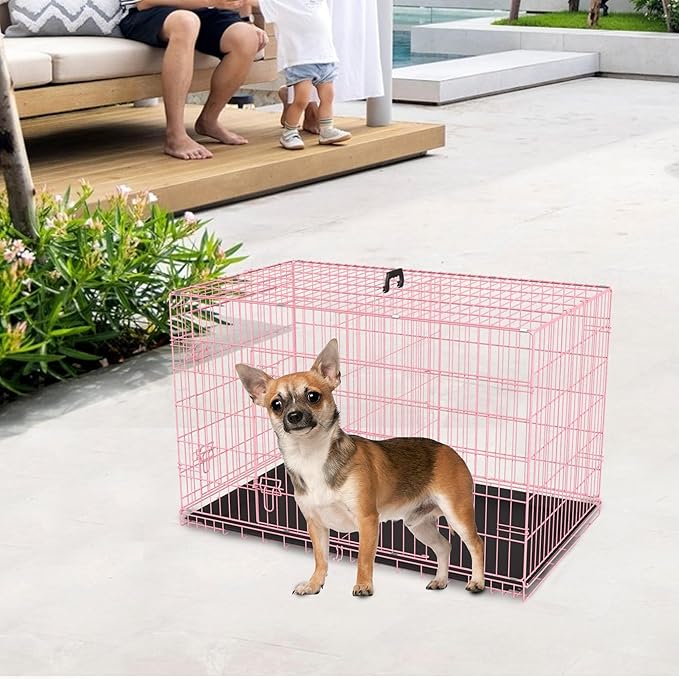 FDW 24 inch Dog Crate Dog Kennel Cage with Double Door Folding Metal Wire Dog Cage with Removable Tray&Divider Panel,Pet Crate for Small Dogs,Pink
