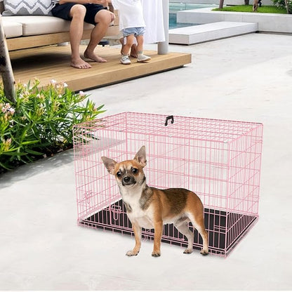 FDW 24 inch Dog Crate Dog Kennel Cage with Double Door Folding Metal Wire Dog Cage with Removable Tray&Divider Panel,Pet Crate for Small Dogs,Pink