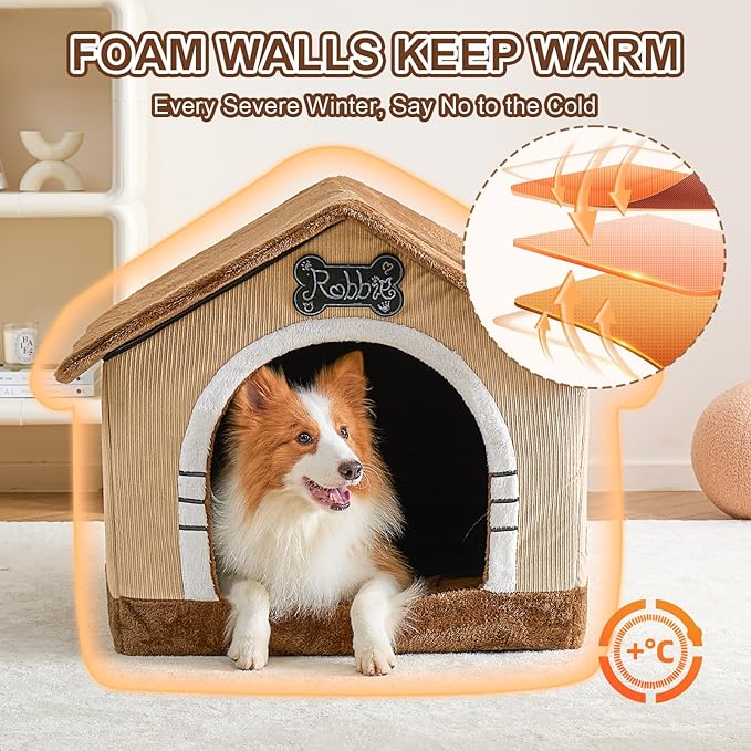 Jiupety Indoor Dog House with Frame, Large Dog Cave Bed, Insulated Cozy, Suitable for 25-60 lb, Large Plus (30"×26"×25"), Brown