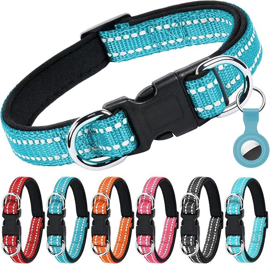 AUAUY Reflective Nylon Dog Collars, Adjustable Classic Pet Collars with Soft Neoprene Padding, Double Security Dual D-Ring and Quick Release Buckle for Small Puppy, Medium and Large Dogs (Lake Blue-L)