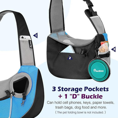 Pawaboo Pet Dog Sling Carrier, Hand Free Drawstring Dog Papoose with Adjustable Strap, Breathable Mesh Bag for Puppy Cat, Crossbody Satchel Dog Purse with Pocket for Outdoor Travel, Light Blue, Large