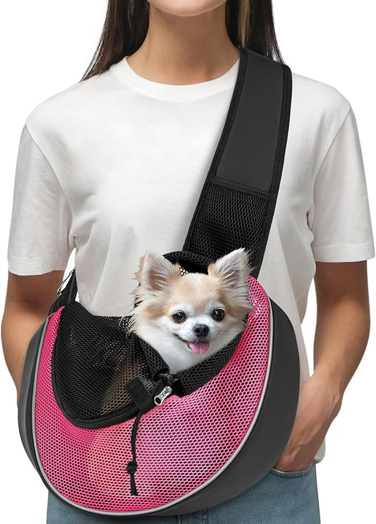 WOYYHO Dog Sling Carrier - Adjustable Strap,Hard Bottom,Large Zip Pocket,Breathable Mesh - Suitable for Puppies Outdoor Travel (Pink M)