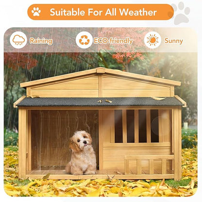Merax 47.2" Outdoor & Indoor Wooden Dog House, Pet Kennel with Porch, Solid Wood, Weatherproof, Medium, Nature