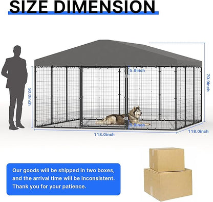 Kurapika Large Dog Kennel Outdoor Heavy Duty Dog Crate, Metal Frame Dog Fence with Secure Double-Lock Design, Easy Assembly, Weatherproof UV-Resistant Roof 118" L x 118" W x 70.9" H
