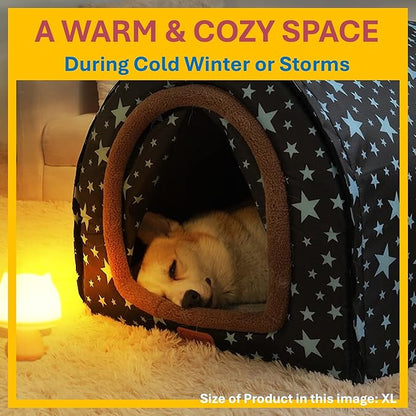 2 in 1 Extra Large Pet Winter House Convertible to Bed with Warm Cushion Mat, 2 Way Indoor Outdoor Portable Dog Kennel, Removable Washable Cover (2XL Starry Sky)