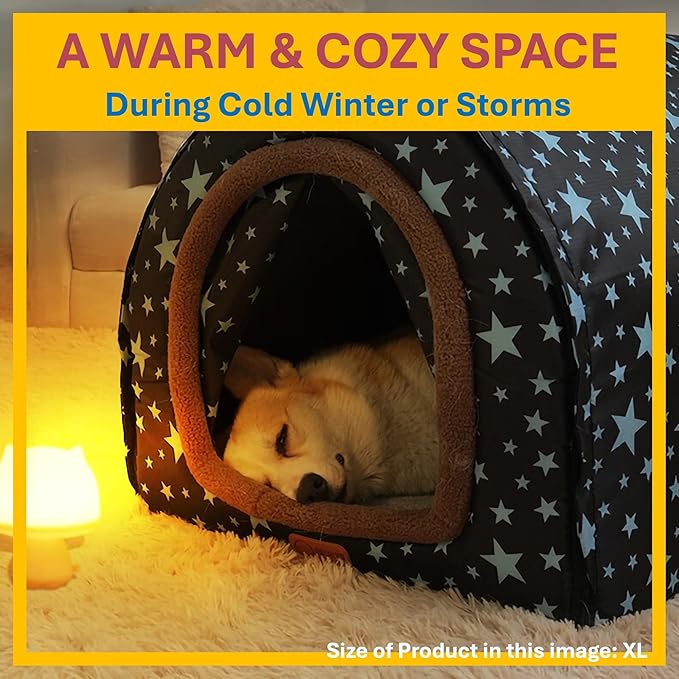 2 in 1 Extra Large Pet Winter House Convertible to Bed with Warm Cushion Mat, 2 Way Indoor Outdoor Warm Dog House Bed, Removable Washable Cover (XL Starry Sky)