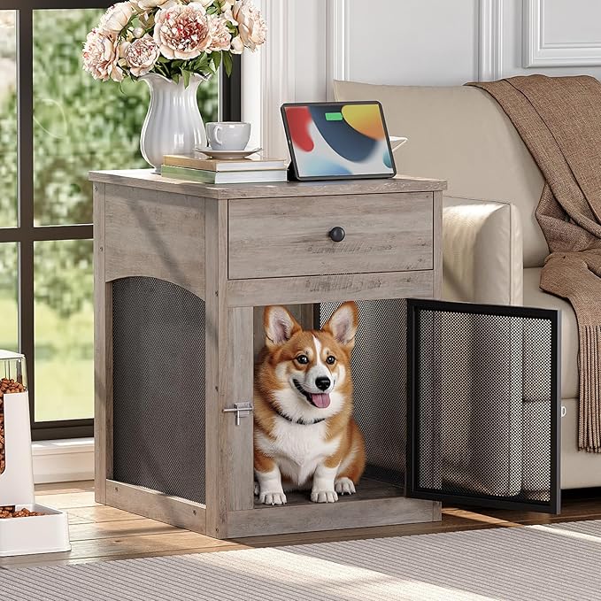 HOOBRO Dog Crate Furniture, Dog Kennel with Drawer and Charging Station, Indoor Decorative Puppy House, Wooden Pet Crate End Table for Small Dogs, Greige and Black BG58UGW03G1