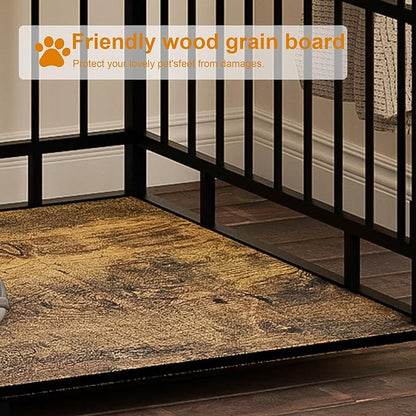 KEIKI 43" Large Dog Crate End Table, Wooden Heavy Duty Crate with Divider, Rustic Brown Indoor Furniture for Large Dogs (43.3" L x 27.6" W x 42.5" H)