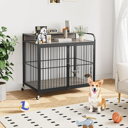 GAOMON Dog Crate Furniture, Dog Crate Indoor with Adjustable Height Bowls, Wooden Heavy Duty, 39.8 Inch Dog Kennel Furniture for Medium Dogs, 39.8" L X 22.5" W X 38.6" H,Grey