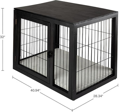 Furniture-Style Dog Crate - Acacia Wood Kennel for Large Dogs with Double Doors and Cushion - Dog Kennel Furniture by PETMAKER (Black)