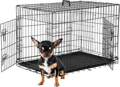 FDW 24 inch Dog Crate Dog Kennel Cage with Double Door Folding Metal Wire Dog Cage with Removable Tray&Divider Panel,Pet Crate for Small Dogs,Black