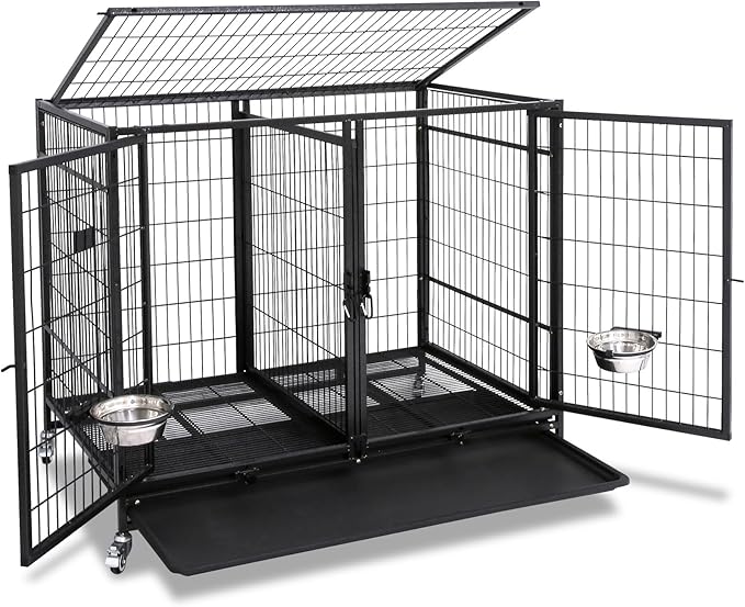 Homey Pet Stackable 43 inch Dog Crate Cage Kennel Indoor with Divider, 2X Steel Bowls, 4X Lockable Wheels, Tray, Heavy Duty Wire Dog Crates for Large/Medium/Small Dogs (Tall Model)