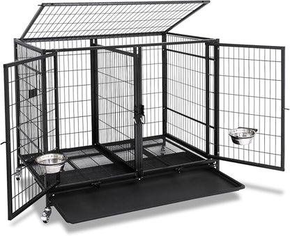 Homey Pet Stackable 43 inch Dog Crate Cage Kennel Indoor with Divider, 2X Steel Bowls, 4X Lockable Wheels, Tray, Heavy Duty Wire Dog Crates for Large/Medium/Small Dogs (Tall Model)