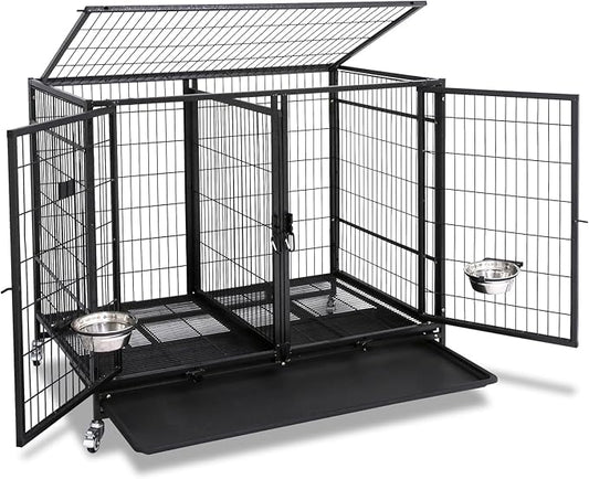 Homey Pet Stackable 43 inch Dog Crate Cage Kennel Indoor with Divider, 2X Steel Bowls, 4X Lockable Wheels, Tray, Heavy Duty Wire Dog Crates for Large/Medium/Small Dogs (Tall Model)