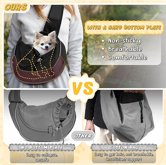WOYYHO Dog Sling Carrier - Adjustable Strap,Hard Bottom,Large Zip Pocket,Breathable Mesh - Suitable for Puppies Outdoor Travel (Black M)