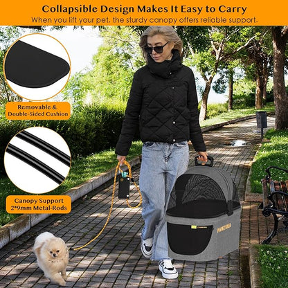 PAWZIDEA Portable Small Dog Crate for Car Travel, Enclosed Pet Car Seats for Small/Medium Dogs & Cats, Reversible No-Zip Canopy, Soft-Sided Pet Carrier Cage, Collapsible Travel Dog Kennel, Chew-Proof