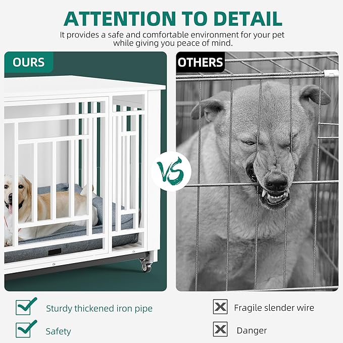 YITAHOME Dog Crate Furniture, 38.2" Heavy Duty Dog Cage, Wooden Side End Table with Wheels, Chew-Resistant Metal Dog Kennel with Removable Tray, Dog House Indoor for Small Medium Dogs, White