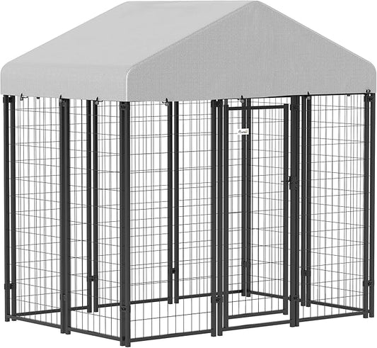 PawHut Outdoor Dog Kennel, 5.9' x 4' x 6' Heavy Duty Welded Wire Dog Playpen Enclosure with Roof, Escape-Proof Lock, UV-Resistant & Waterproof Cover, for Medium Dogs, Silver