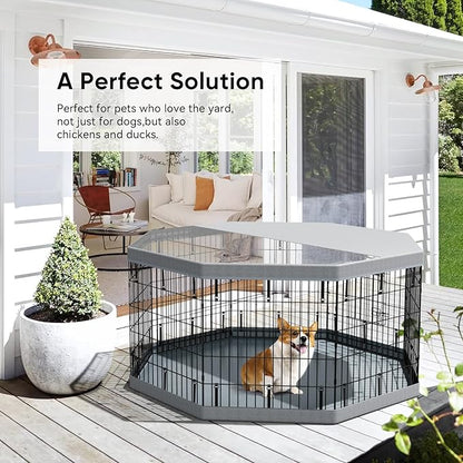 PJYuCien Dog Playpenr，8 Panels 30”H Dog Playpen with Gery Bottom Pad and Grey Top Cover，Metal Foldable Dog Exercise Pen for Indoor，Better for Medium Animals,Black