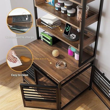 DWVO Dog Crate Furniture with Storage Shelves, Heavy Duty Dog Crate with Charging Station, 39 Inch Dog Kennel Indoor Furniture for Large Dogs, Modern Decorative Dog Crate with Double Doors, Brown