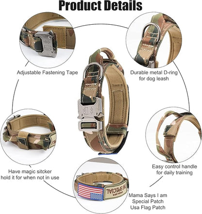 KCUCOP Tactical Dog Collar - Heavy Duty Dog Collar with Handle and Metal Buckle, Military Thick Dog Collars for Medium and Large Dogs(Upgrade Camo-XL, 2 Patches)