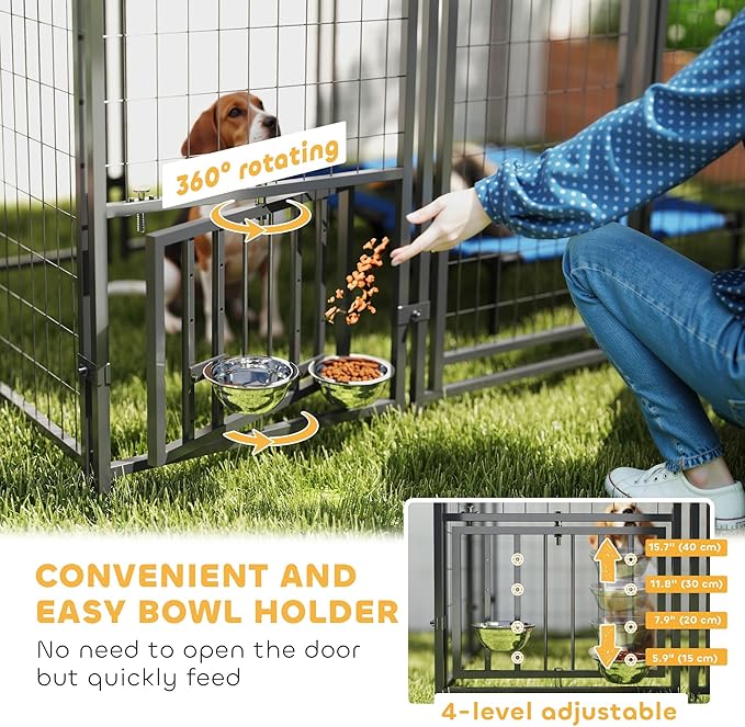 PawHut 5.9' x 5.9' x 6' Outdoor Dog Kennel, Welded Wire Heavy Duty Dog Run with 360° Rotating & 4 Level Adjustable Bowls, Dog Kennel Outside with Waterproof & UV Resistant Cover, for Large Dogs