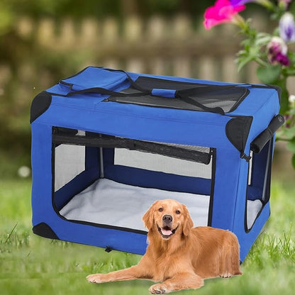 FDW 42 Inch Soft Collapsible Dog Crate 3-Door Open Dog Kennel with Mesh Window Portable Travel Pet Crate Indoor & Outdoor Pet Home, Blue