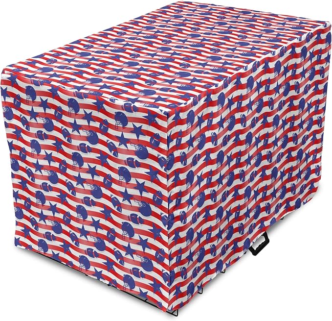 Lunarable Football Dog Crate Cover, Wavy Stripes and National Sport in American USA Inspired Colors, Easy to Use Pet Kennel Cover for Cats & Medium Dogs, 30 Inch, Coral Violet Blue White