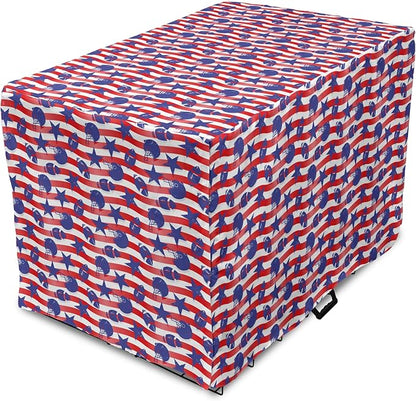 Lunarable Football Dog Crate Cover, Wavy Stripes and National Sport in American USA Inspired Colors, Easy to Use Pet Kennel Cover for Cats & Medium Dogs, 30 Inch, Coral Violet Blue White
