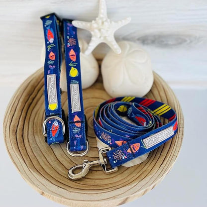 Lucky Love Dog Combo Set, Tropical Fish Dog Leash and Collar Set, Blue Color Matching Dog Collar & Leash, Part of Purchase Donated to Rescue (Medium, Mackey, Combo)