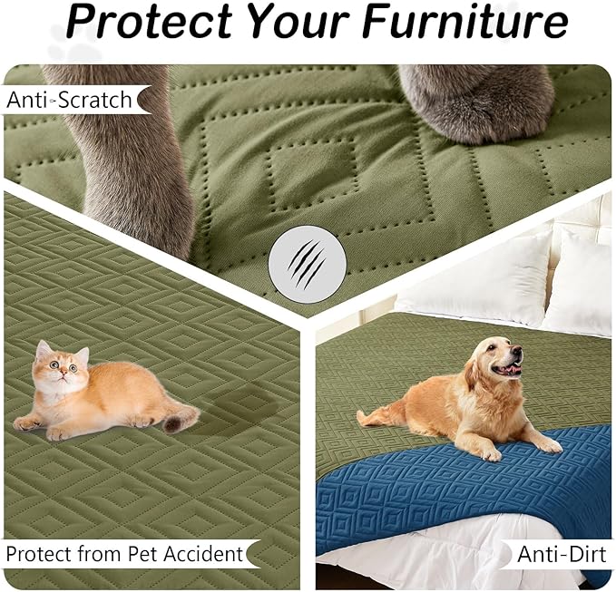 hyha Waterproof Dog Blanket, Soft Pet Bed Blankets, Waterproof Sofa Couch Cover for Dogs Washable, Reversible Pet Couch Covers for Sofa Furniture (82x82 Inch, Green/Navy Blue)