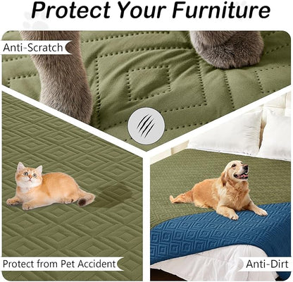 hyha Waterproof Dog Blanket, Soft Pet Bed Blankets, Waterproof Sofa Couch Cover for Dogs Washable, Reversible Pet Couch Covers for Sofa Furniture (82x82 Inch, Green/Navy Blue)