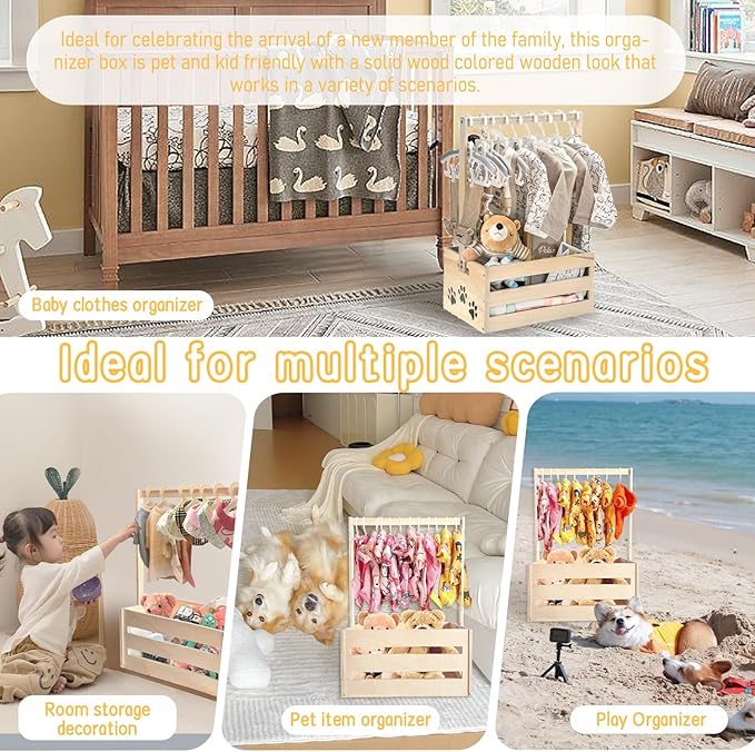 25" x 17" x 12" Wooden Pet Wardrobe Closet,Puppy Toy Basket with Hanging Rods,Pet Clothes Rack for Dog Organization and Storage,Wooden Crate for Dog/Cat Closet,Perfect for Toys Clothes and Accessories