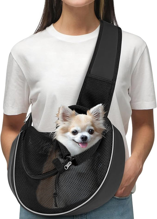 WOYYHO Dog Sling Carrier - Adjustable Strap,Hard Bottom,Large Zip Pocket,Breathable Mesh - Suitable for Puppies Outdoor Travel (Black S)