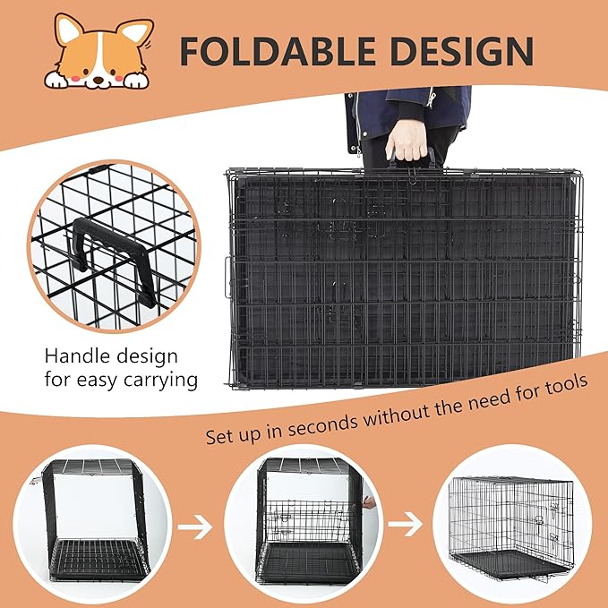 FDW Dog Crate for Large Dogs 42 Inch Folding Metal Wire Pet Cage Double Door W/Divider Panel Indoor Outdoor Kennel Leak-Proof Plastic Tray,Black