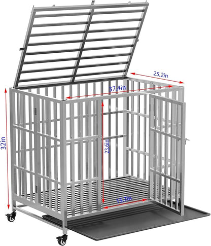 37" 42" 48" Heavy Duty Dog cage Stainless Steel Metal Kennel and Crate, Collapsible for Medium to Large Dogs, Easy to Assemble pet Pen with Four Lockable Wheels, Black Tray (37in)