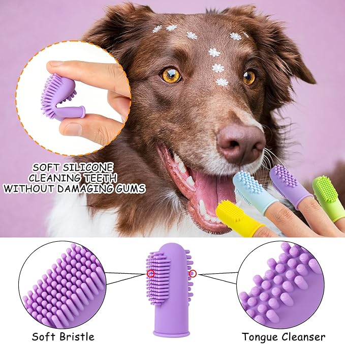 Ponpon 3PCS Dog Bath Brush with 4Pcs Dog Toothbrush, Dog Scrubber for Bath, Dog Shampoo brush with Adjustable Ring Handle, Dog Shower Brush for Long Short Hair