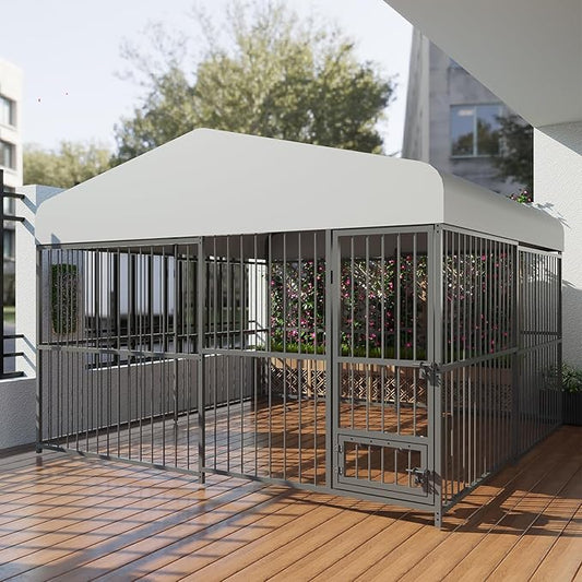 Large Outdoor Dog Kennel with Waterproof Cover, Large Dog House with Feeding Doors, Heavy Duty Dog Enclosures for Garden Backyard Courtyard（10×10×7FT）