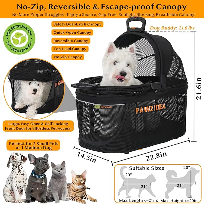 PAWZIDEA Portable Small Dog Crate for Car Travel, Enclosed Pet Car Seats for Small/Medium Dogs & Cats, Reversible No-Zip Canopy, Soft-Sided Pet Carrier Cage, Collapsible Travel Dog Kennel, Chew-Proof