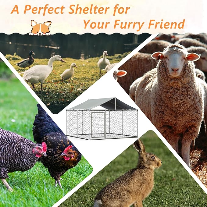Outdoor Dog Enclosure,Heavy Duty Dog Kennel House Mesh Outside,Galvanized Chain Link Dog Run with Roof,Dog Cage Large Dogs,Dog Pen,Pet Kennel W/Waterproof Anti-UV Cover&Secure Lock for Large Dog