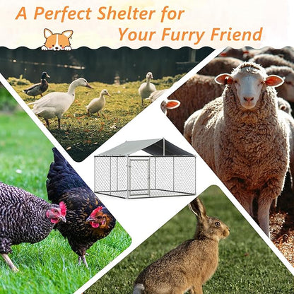 Outdoor Dog Enclosure,Heavy Duty Dog Kennel House Mesh Outside,Galvanized Chain Link Dog Run with Roof,Dog Cage Large Dogs,Dog Pen,Pet Kennel W/Waterproof Anti-UV Cover&Secure Lock for Large Dog