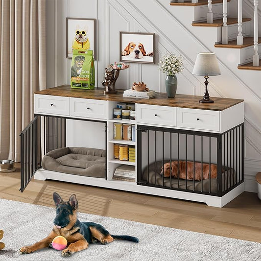 IDEALHOUSE 82” Large Dog Crate for 2 Dogs, Dog Kennel Indoor with 4 Drawers and Shelves, Double Dog Crate Furniture TV Stand, Wooden Dog Cage for Medium Large Dogs, White