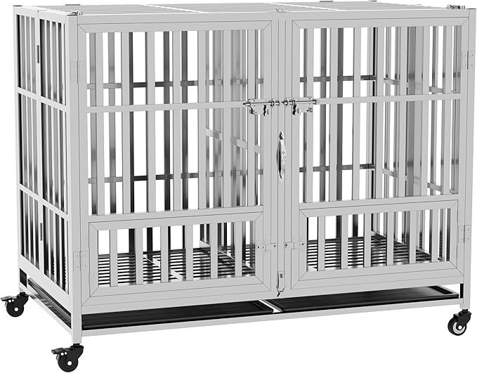 37" 42" 48" Heavy Duty Dog cage Stainless Steel Metal Kennel and Crate, Collapsible for Medium to Large Dogs, Easy to Assemble pet Pen with Four Lockable Wheels, Black Tray (48in-sm)