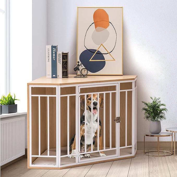 MEWOO Corner Dog Crate Furniture with Cushion, Wooden Dog Kennel End Table, Doghouse, Pet Crate for Indoor Use, Dog Cages for Small Medium Dogs Indoor