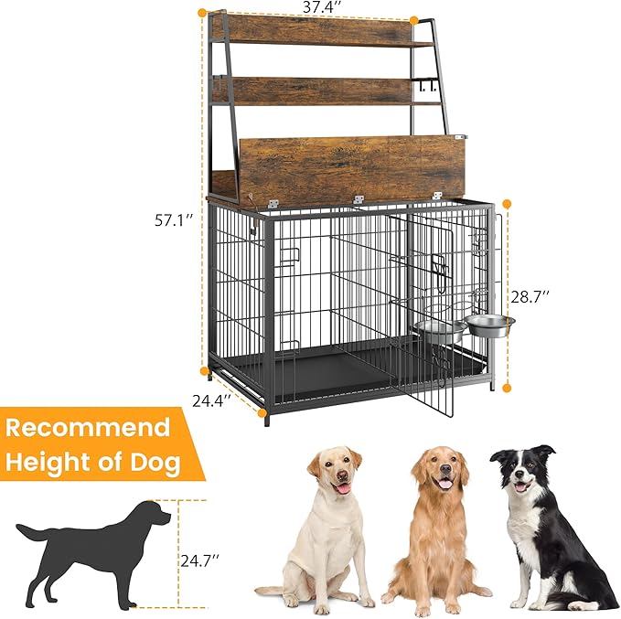 Furniture Style Dog Crate, Indoor Basic Dog Cage with 3-Layer Storage Shelves, Flip-up Top End Table Dog Cage, Dog Kennel Furniture with Adjustable Bowls, 37.4" L x 24.4" W x 57.1" H,Brown