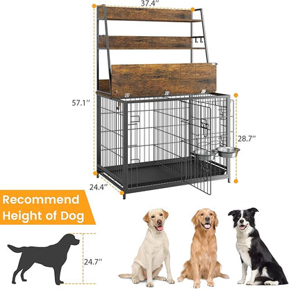 Furniture Style Dog Crate, Indoor Basic Dog Cage with 3-Layer Storage Shelves, Flip-up Top End Table Dog Cage, Dog Kennel Furniture with Adjustable Bowls, 37.4" L x 24.4" W x 57.1" H,Brown