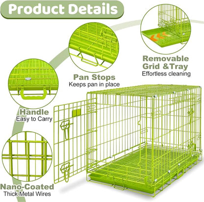 Homey Pet Dog Crates for Medium Dogs, Collapsible Small Dog Cage, Nano-Coated Metal Wire Puppy Kennel Indoor with Removable Floor Grid Tray, Double Doors Dual Locks, GOLD24+GREEN30 Bundle