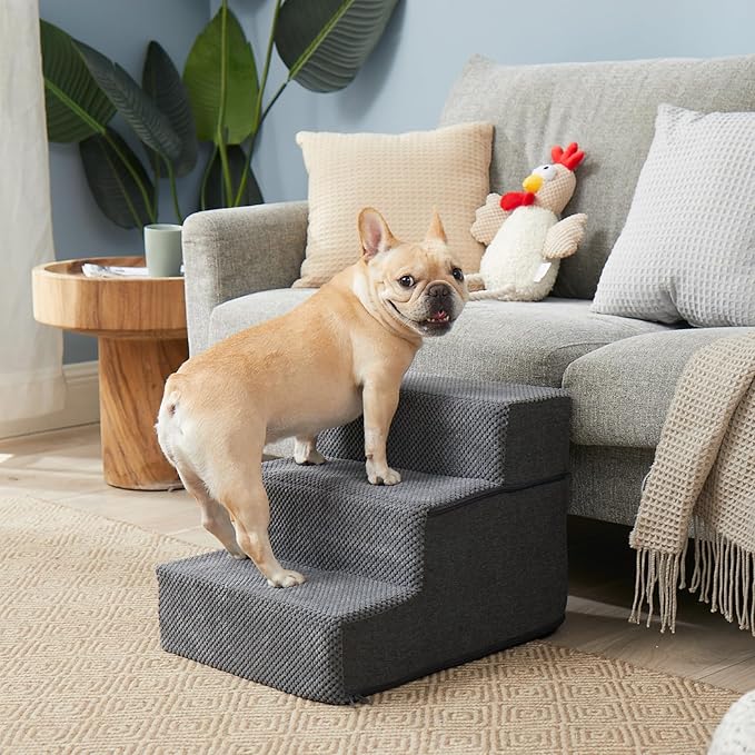 EHEYCIGA Dog Stairs Ramp for Small Dogs 13.5" H, 3-Step Dog Steps for Couch Sofa and Chair, Pet Steps for Small Dogs and Cats, Non-Slip Balanced Dog Indoor Ramp, Grey